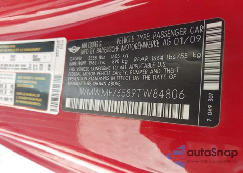 2009 Mini Cooper S from USA, damaged, VIN WMWMF73589TW84806